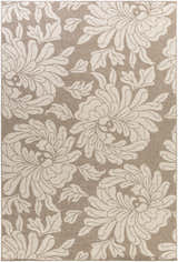 Close-up of the Sherard Area Rug. Beige background with a large, stylized floral pattern in off-white. Contemporary style. Design-Rectangle-76109