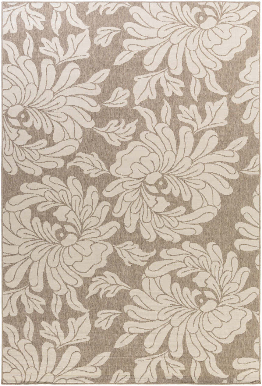 Close-up of the Sherard Area Rug. Beige background with a large, stylized floral pattern in off-white. Contemporary style. Design-Rectangle-76109