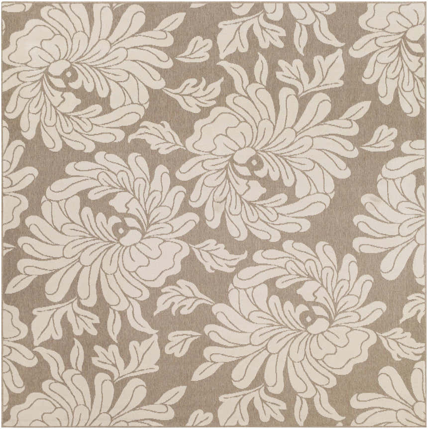 Close-up of the Sherard Area Rug, a contemporary olefin rug with a beige and dark red floral pattern. Design-Square-89
