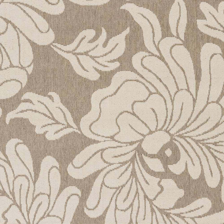 Close-up of the Sherard Area Rug showing a beige floral pattern on a dark beige, textured background. Swatch