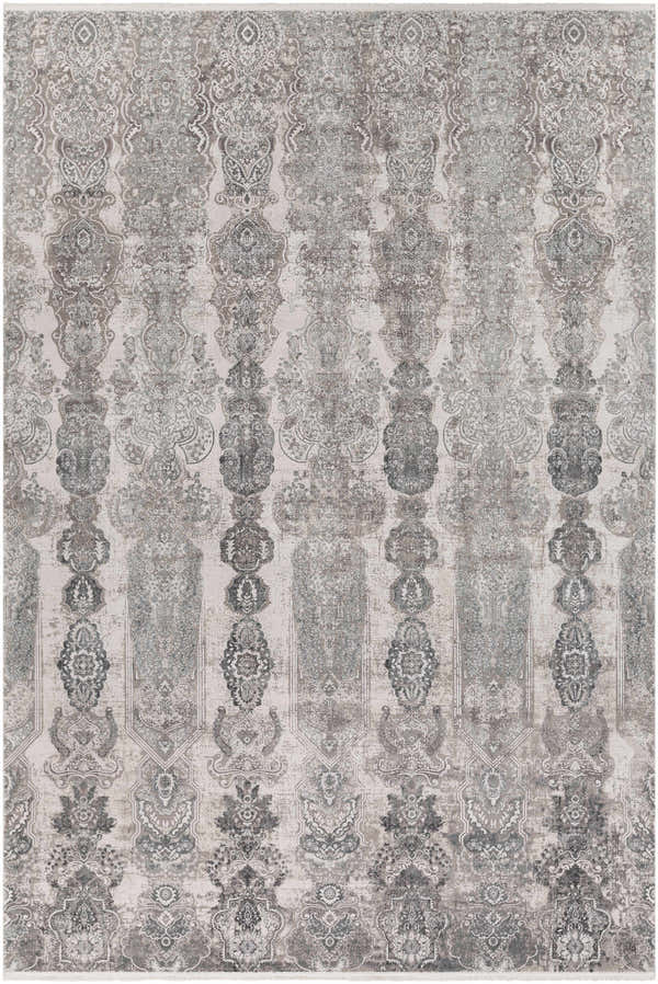 Close-up of Shipdham Luxury Fringed Faux Silk Area Rug. Features black, charcoal, and gray traditional damask pattern. Design-Rectangle-576