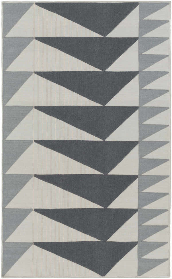 Close-up of Shipman Gray Geometric Wool Rug, featuring a triangle pattern in light gray, light sage, navy, and teal. Hand woven texture. Design-Rectangle-576