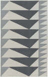 Close-up of Shipman Gray Geometric Wool Rug, featuring a triangle pattern in light gray, light sage, navy, and teal. Hand woven texture. Design-Rectangle-576