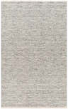 Close-up of the Kylee Gray Wool Area Rug, featuring a light gray and natural gray woven design and subtle fringe. Design-Rectangle-576