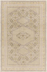 Close-up of the hand-knotted Shoemakersville Area Rug. Beige wool rug with dark brown and mustard farmhouse pattern. Design-Rectangle-5686