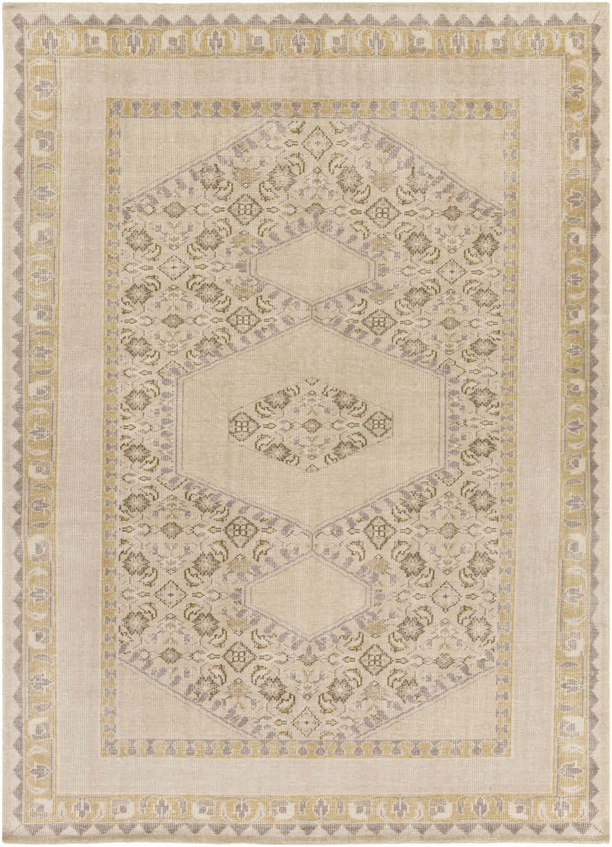 Close-up of the Shoemakersville Area Rug. Beige rug with dark brown and mustard geometric patterns and a hand-knotted texture. Design-Rectangle-811