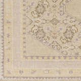 Close-up of the beige, dark brown, and mustard Shoemakersville Area Rug; hand-knotted wool with farmhouse style pattern. Swatch