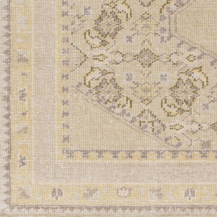 Close-up of the beige, dark brown, and mustard Shoemakersville Area Rug; hand-knotted wool with farmhouse style pattern. Swatch