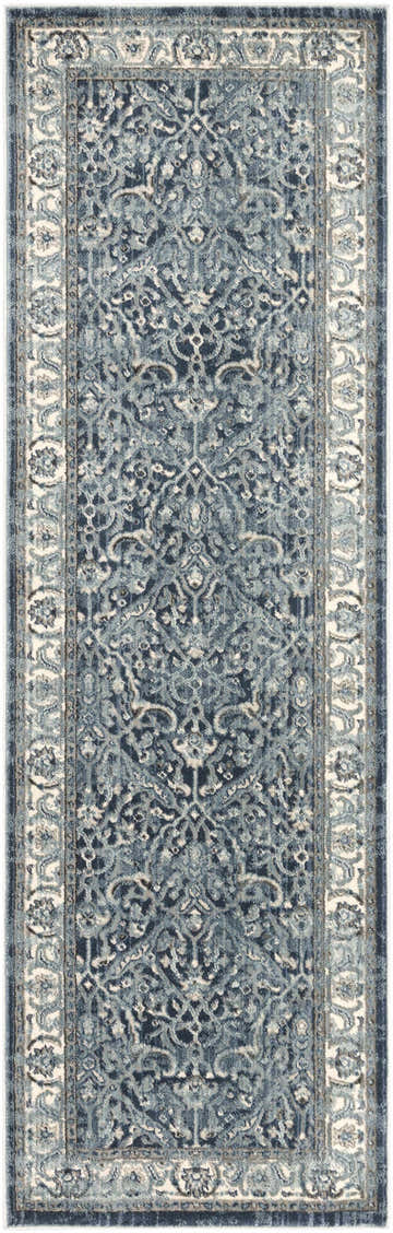 Close-up of the Shokan Area Rug featuring a traditional, ornate pattern in shades of blue, gray, and oatmeal. Design-Runner-26710