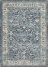 Detailed close-up of the blue, gray, and oatmeal Shokan Area Rug with a traditional, vintage-inspired floral pattern. Design-Rectangle-5174