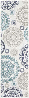 Shonkin Area Rug close-up showing navy, taupe, and teal medallion pattern on a white olefin, machine woven rug. Design-Runner-2379