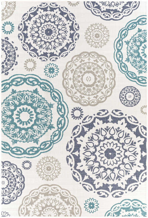 Close-up of Shonkin Area Rug - Clearance. Navy, taupe, and teal floral medallion pattern on a white olefin rug. Design-Rectangle-76109