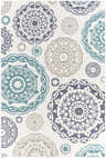 Close-up of Shonkin Area Rug - Clearance. Navy, taupe, and teal floral medallion pattern on a white olefin rug. Design-Rectangle-76109