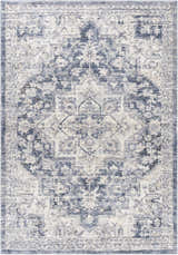Close-up of a Shotts Thick Luxe Rug featuring a traditional oriental pattern in charcoal, cream, and light gray. Design-Rectangle-5373