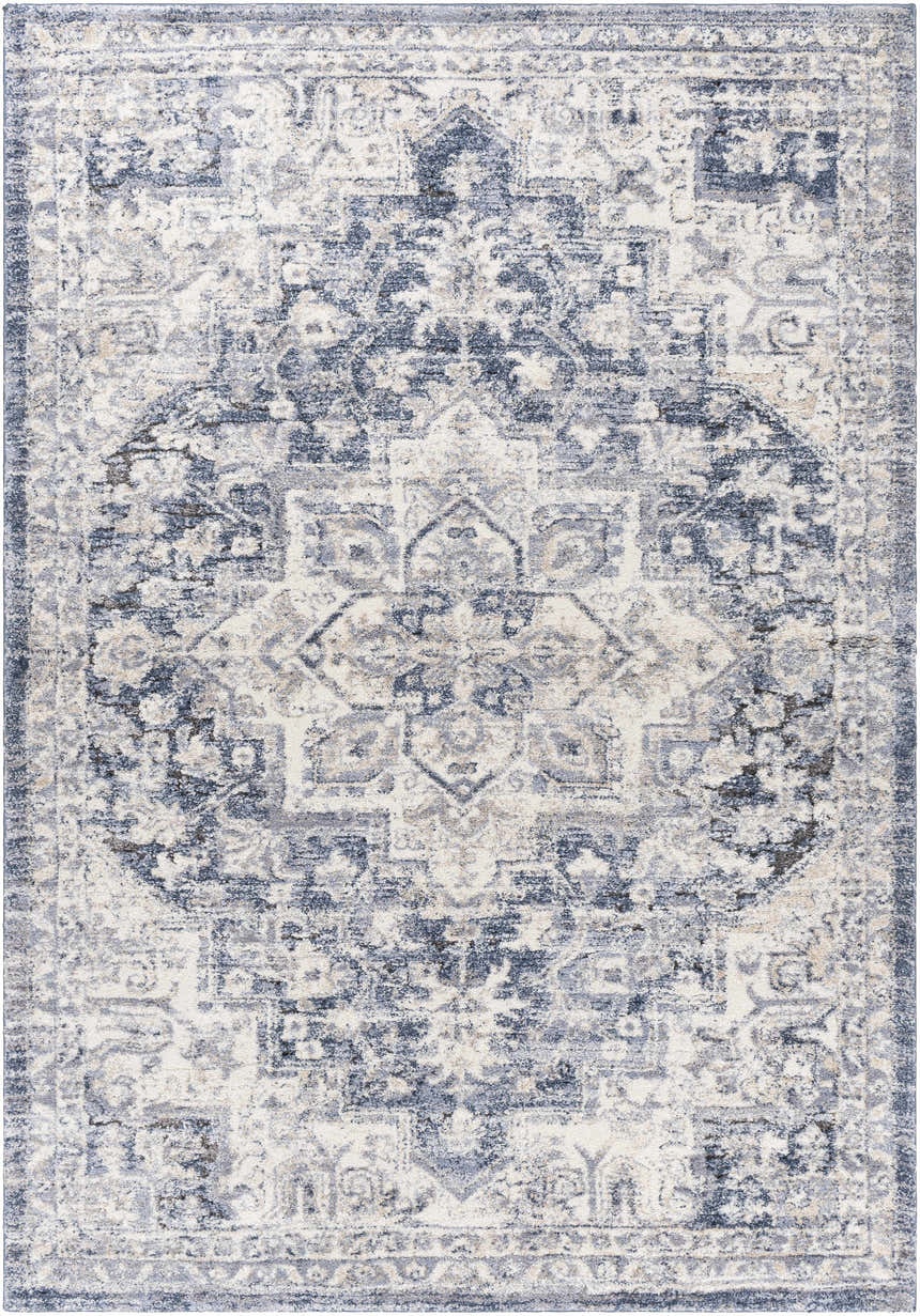 Close-up of a Shotts Thick Luxe Rug featuring a traditional oriental pattern in charcoal, cream, and light gray. Design-Rectangle-5373