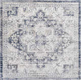 Close-up of the Shotts Thick Luxe Rug, a machine-woven rug with a traditional charcoal, cream, and blue oriental pattern. Design-Square-710
