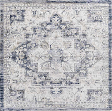 Close-up of the Shotts Thick Luxe Rug, a machine-woven rug with a traditional charcoal, cream, and blue oriental pattern. Design-Square-710
