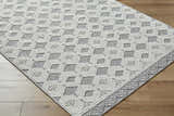 Close up of Salil Ivory Area Rug showing geometric diamond pattern and textured cream and light gray yarns. Corner