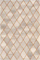 Close-up of the hand-tufted Sharpes Area Rug. Contemporary geometric diamond pattern in brown, mustard, and orange wool. Design-Rectangle-576