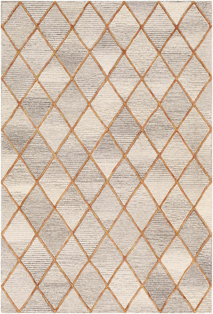 Close-up of the hand-tufted Sharpes Area Rug. Contemporary geometric diamond pattern in brown, mustard, and orange wool. Design-Rectangle-576