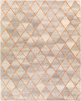 Close-up of the hand-tufted Sharpes Area Rug. Geometric diamond pattern in brown, gray, and orange wool. Contemporary style. Design-Rectangle-810