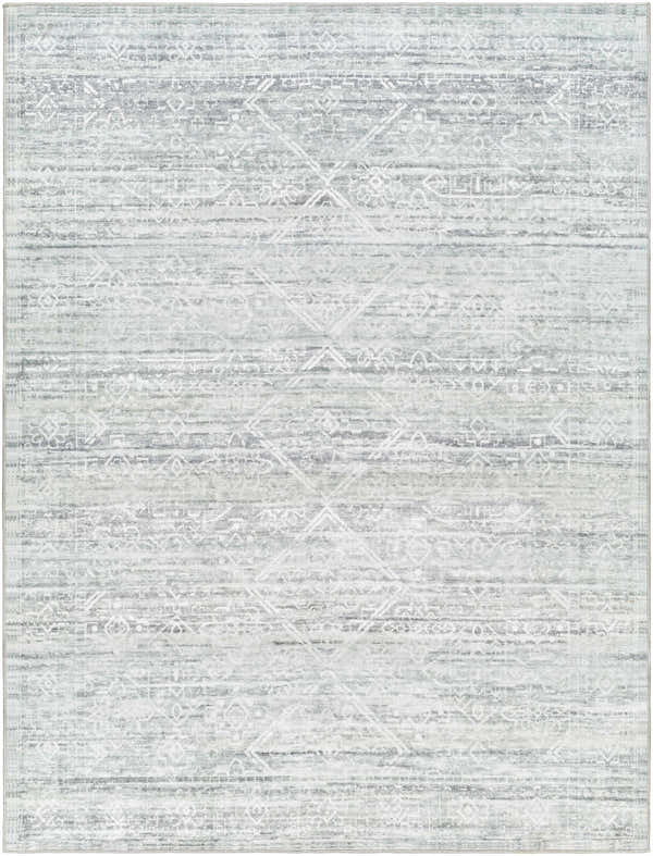 Close-up of the Blake Light Gray Washable Area Rug, showcasing its farmhouse-style pattern and soft, light gray hues. Design-Rectangle-537