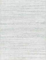 Close-up of Gizeh Silverton Washable Area Rug. Features farmhouse-style geometric patterns in cloud gray and silverton hues. Design-Rectangle-537