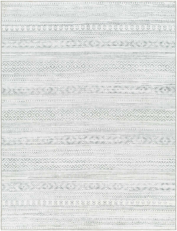 Close-up of Gizeh Silverton Washable Area Rug. Features farmhouse-style geometric patterns in cloud gray and silverton hues. Design-Rectangle-537