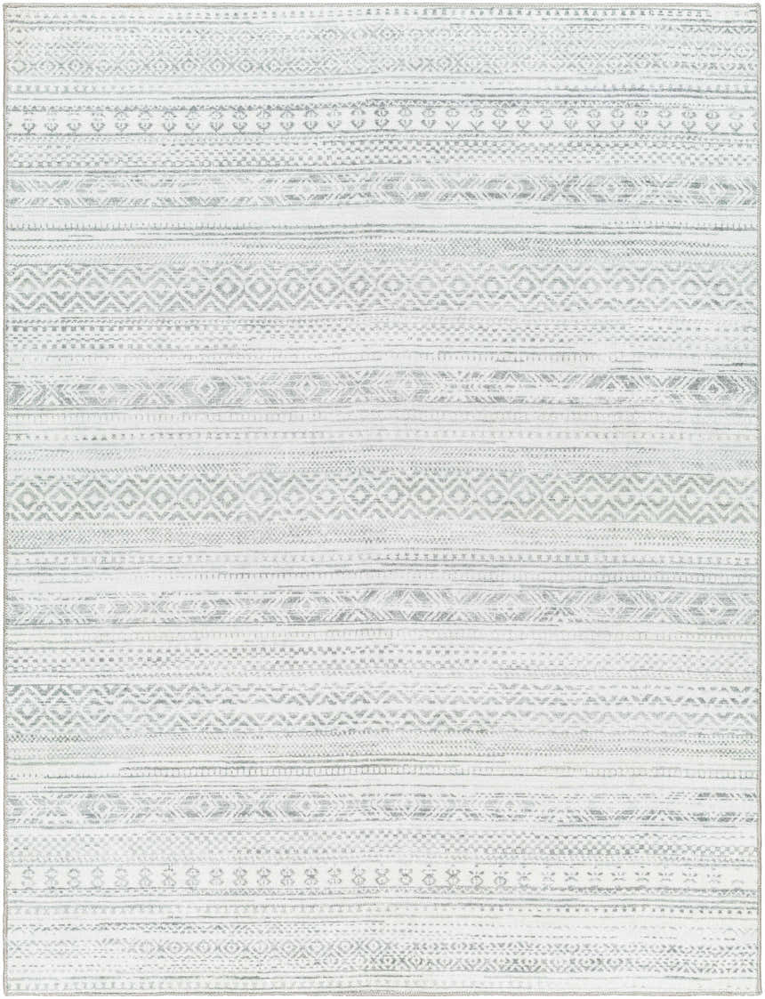 Close-up of Gizeh Silverton Washable Area Rug. Features farmhouse-style geometric patterns in cloud gray and silverton hues. Design-Rectangle-537