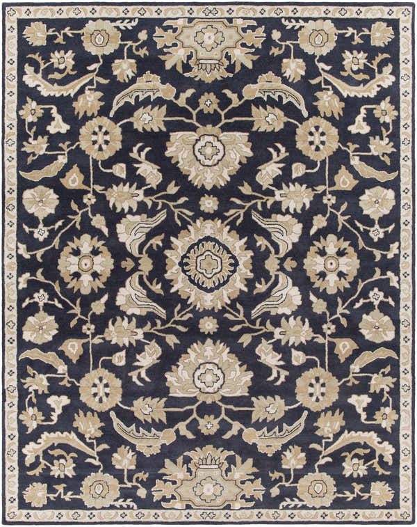 Close-up of the Caesar CAE-1164 Black Floral Wool Rug, featuring a traditional floral design in beige and dark blue hues. Design-Rectangle-7696