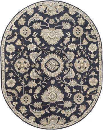 Oval Caesar CAE-1164 Black Floral Wool Rug. Hand-tufted wool rug with a dark blue background and light beige floral pattern. Design-Oval-810