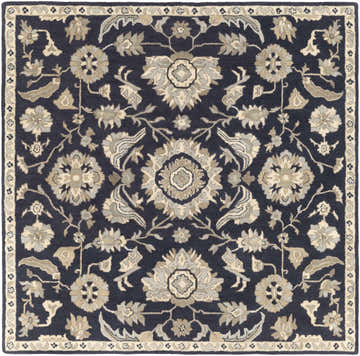 Caesar CAE-1164 Black Floral Wool Rug with a traditional design, featuring beige and gray floral patterns on a dark blue background. Design-Square-8