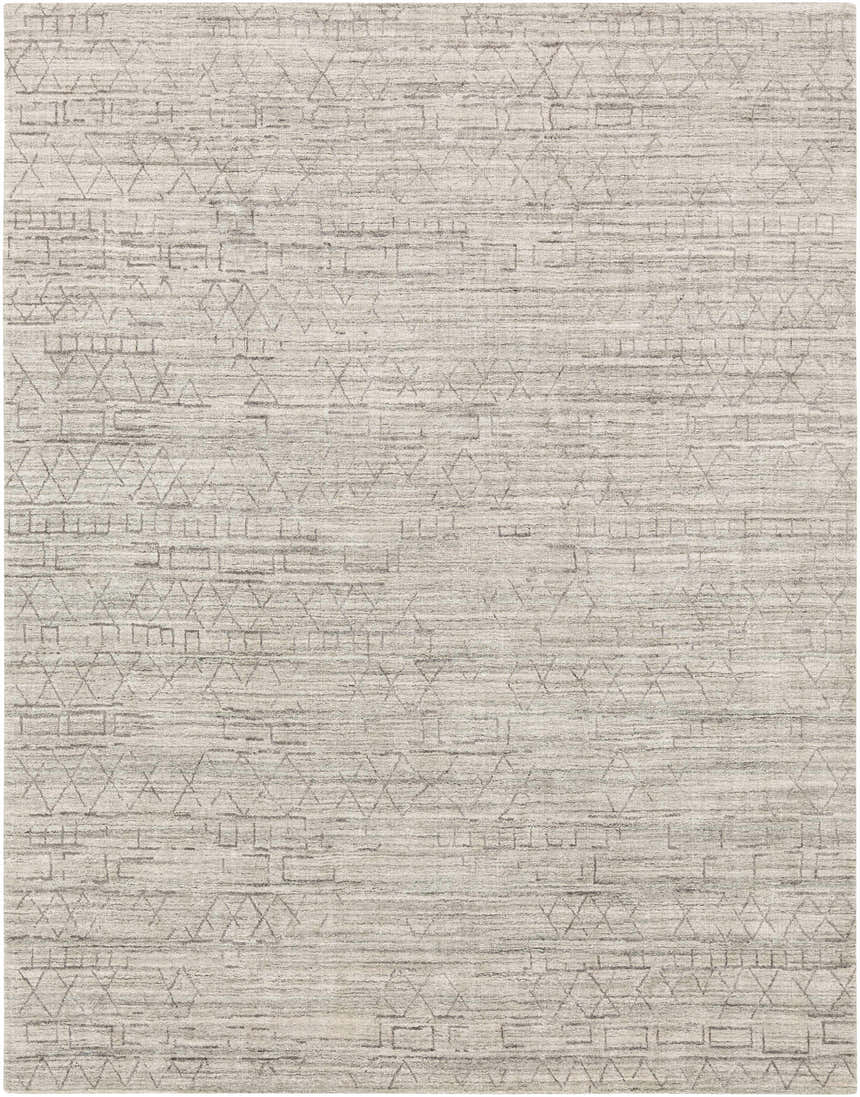 Close up of Shortland Premium Area Rug in gray, ivory, and taupe. Hand loomed cotton and viscose rug with a geometric bohemian pattern. Design-Rectangle-69