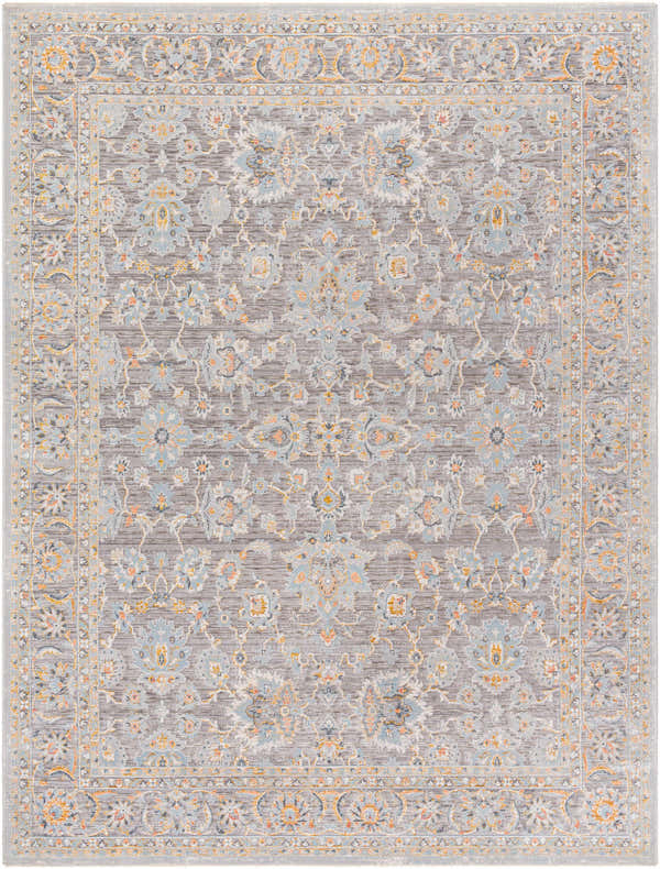 Close-up of Gefen Area Rug. Traditional floral pattern in dark beige, gray, light blue, and nutmeg colors. Machine woven texture. Design-Rectangle-710103