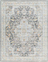 Detailed view of the Hayfa Area Rug in dark gray, light gray, and orange floral traditional pattern. Design-Rectangle-710103