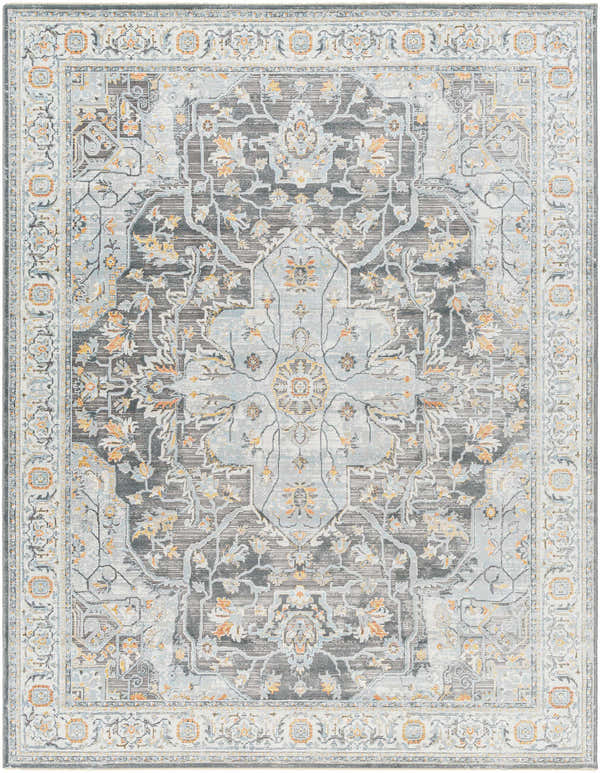 Detailed view of the Hayfa Area Rug in dark gray, light gray, and orange floral traditional pattern. Design-Rectangle-710103