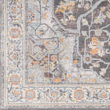 Close-up of the Hayfa Area Rug, showcasing its traditional gray, light gray, and orange floral pattern and machine-woven texture. Swatch