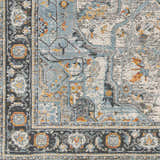 Close-up of the Hovan Area Rug in cloud gray, dark gray, and light blue. Features a traditional floral pattern and dark border. Swatch