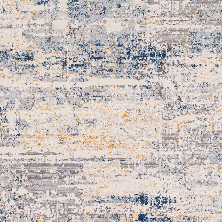 Close-up of the Hyman Area Rug showing its contemporary abstract design in camel, gray, and denim. Swatch