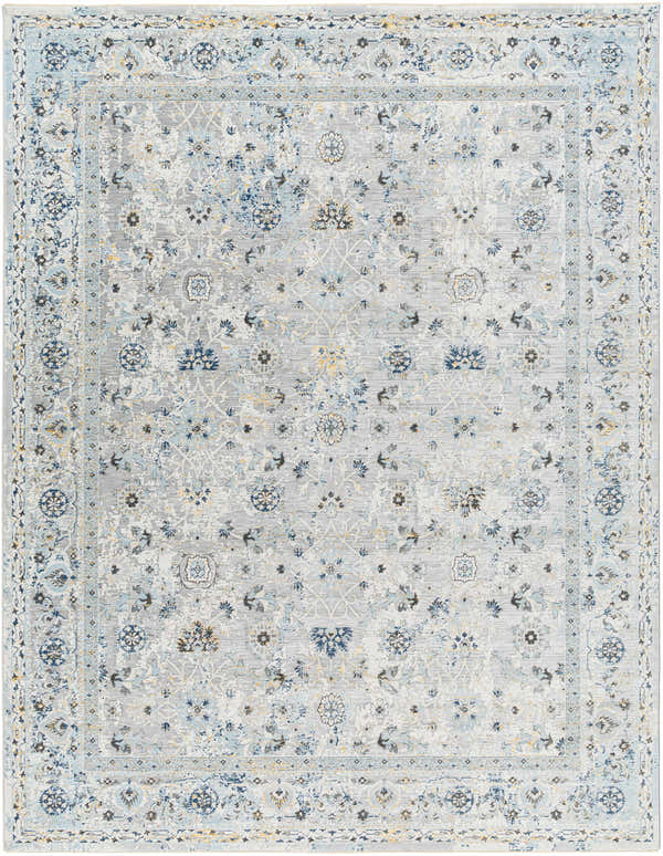 Close-up of the Irida Area Rug. Traditional style rug in dark gray, denim, and nutmeg floral pattern. Clearance item. Design-Rectangle-710103