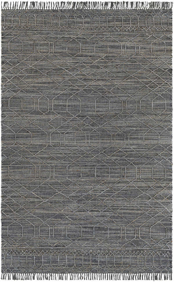 Close-up of the Manby Black Jute & Wool Area Rug. Hand-woven rug with geometric pattern and fringe. Black, gray, and brick red tones. Design-Rectangle-576
