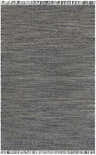 Close-up of the Manby Black Jute & Wool Area Rug. Hand-woven rug with geometric pattern and fringe. Black, gray, and brick red tones. Design-Rectangle-576