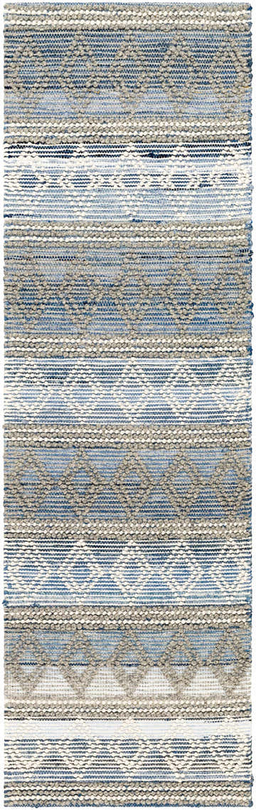 Close-up of the hand woven Shou Area Carpet. Features a bohemian stripe pattern in charcoal, light blue, and off white. Design-Runner-268