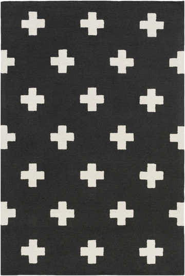 Close-up of the Shawanee Wool Area Rug. Black rug with a white plus sign pattern. Hand-tufted, contemporary style. Design-Rectangle-576