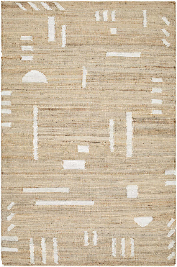 Close-up of the Sasha Jute Rug. Hand-woven rug in cream and tan with a geometric pattern. Farmhouse style. Design-Rectangle-576