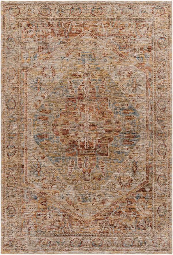 Close-up of the Alois Rust Rich Textured Traditional Rug, featuring bone, brown, and beige colors with a farmhouse-style pattern. Design-Rectangle-6796
