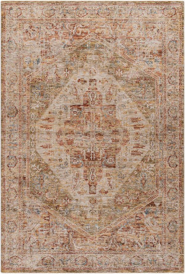 Close-up of the Alois Tan Rich Textured Traditional Rug, featuring bone, clay, and walnut tones in a classic pattern. Design-Rectangle-6796
