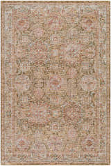 Close-up of the Ange Tan Rich Textured Traditional Rug, showcasing its bone, clay, and walnut color palette. Design-Rectangle-575