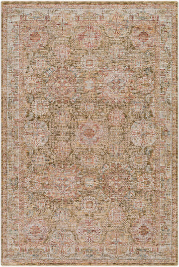 Close-up of the Ange Tan Rich Textured Traditional Rug, showcasing its bone, clay, and walnut color palette. Design-Rectangle-575