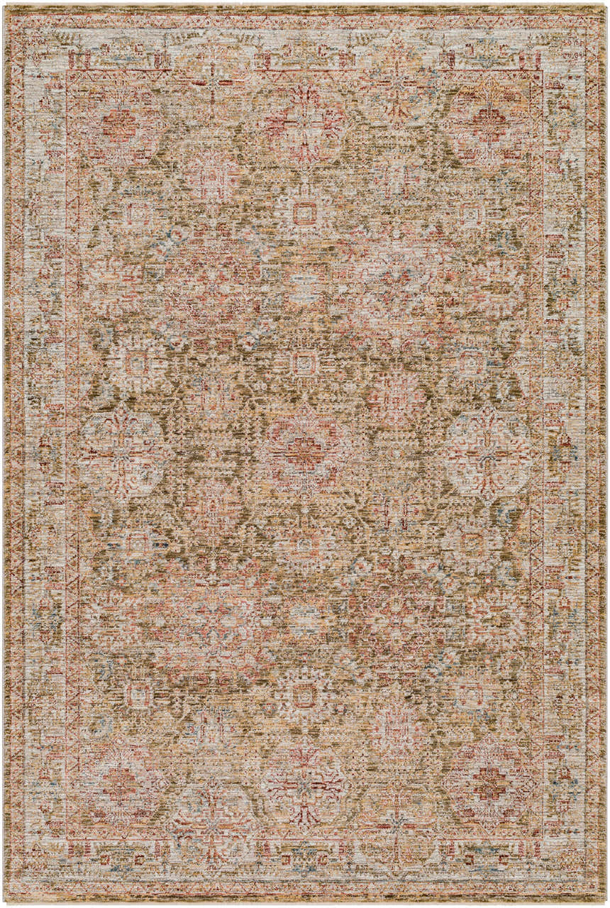 Close-up of the Ange Tan Rich Textured Traditional Rug, showcasing its bone, clay, and walnut color palette. Design-Rectangle-575